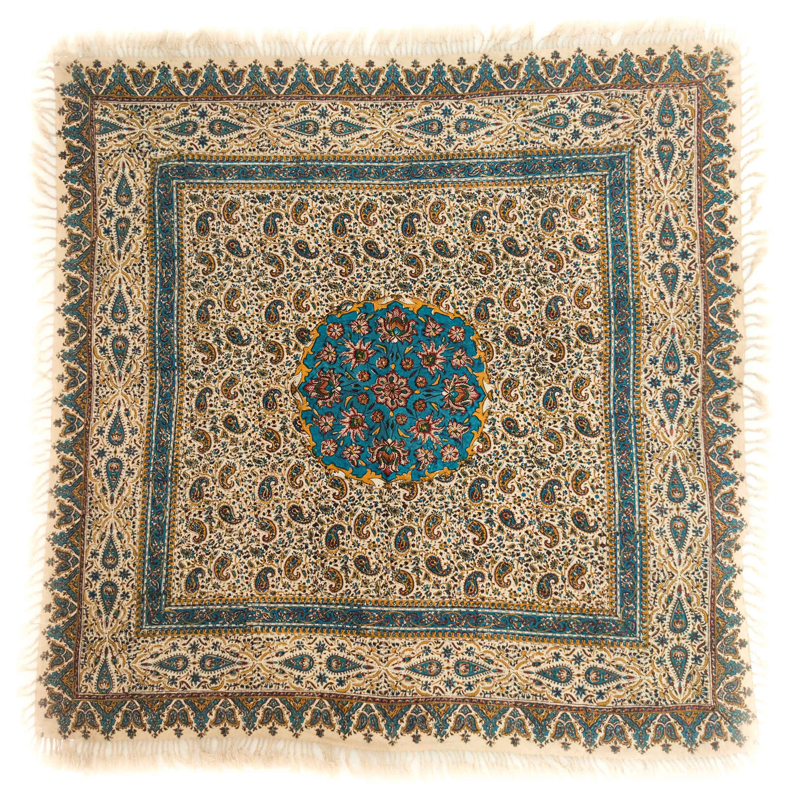 Main image of 伊朗方桌桌布 – 伊斯法罕传统手工盖拉姆卡里印花佩斯利图案（4 座）