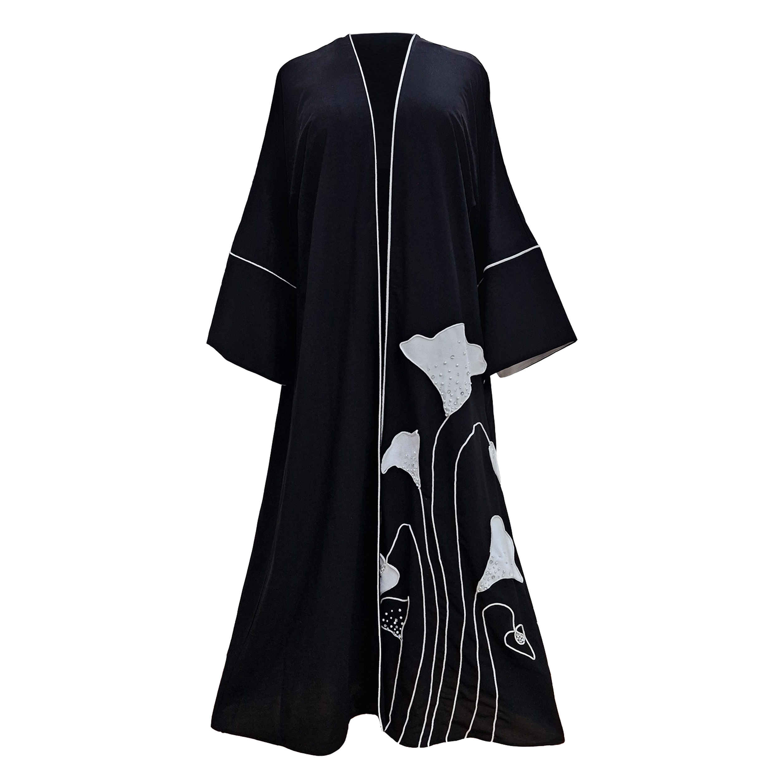 宽松款穆斯林女士阿巴亚——白色镶边设计