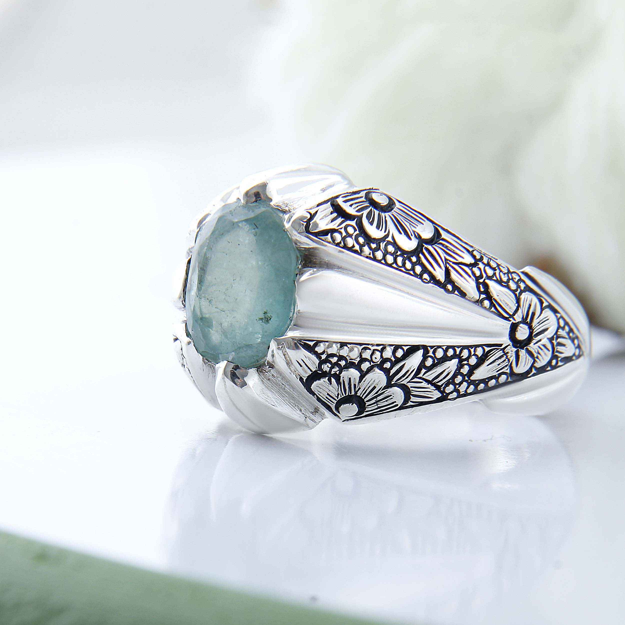 波斯绿色祖母绿银戒指 男款 手工制作