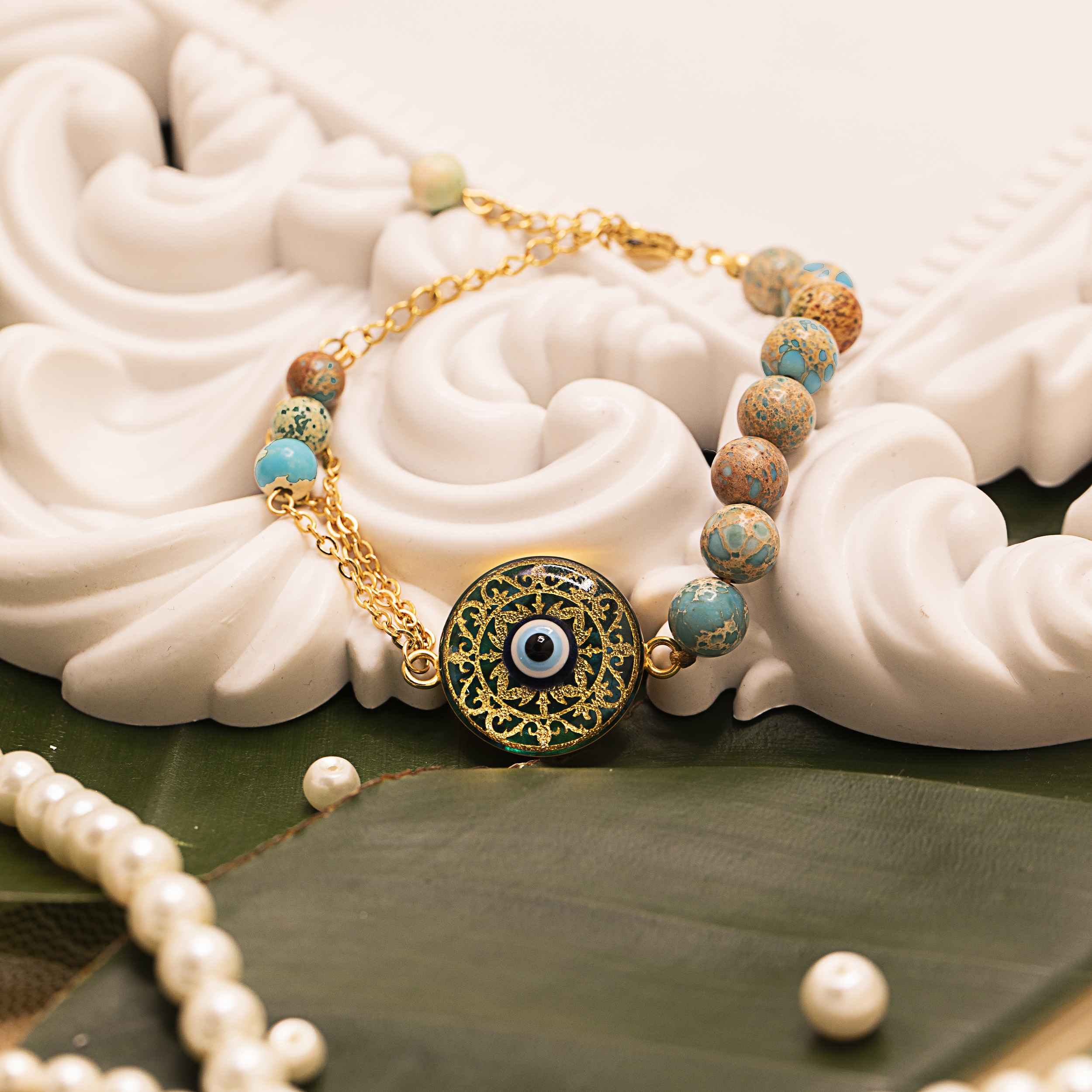 波斯钢串珠手链 – 女士绿松石邪眼