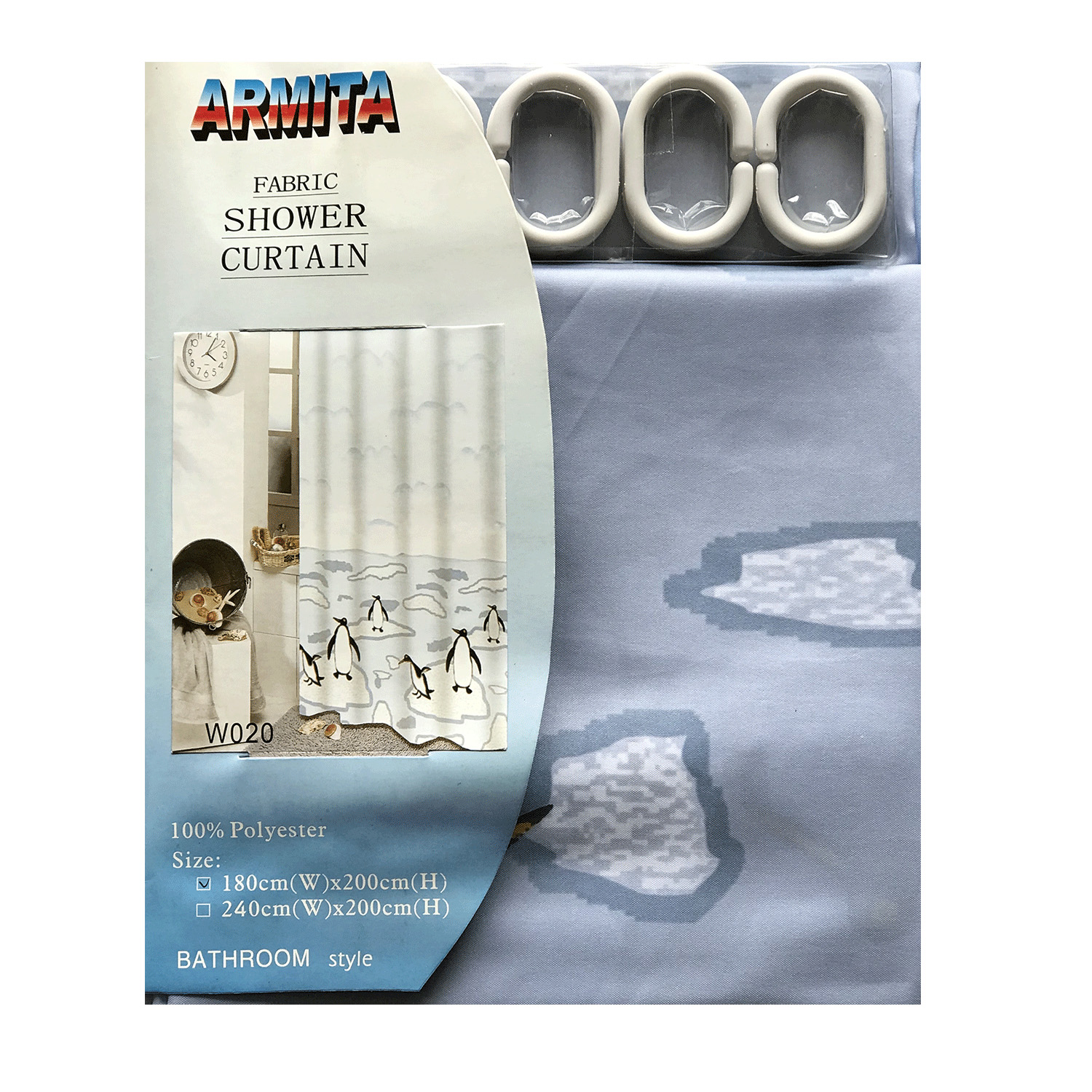 浴室装饰防水浴帘 – 企鹅站在冰面图案