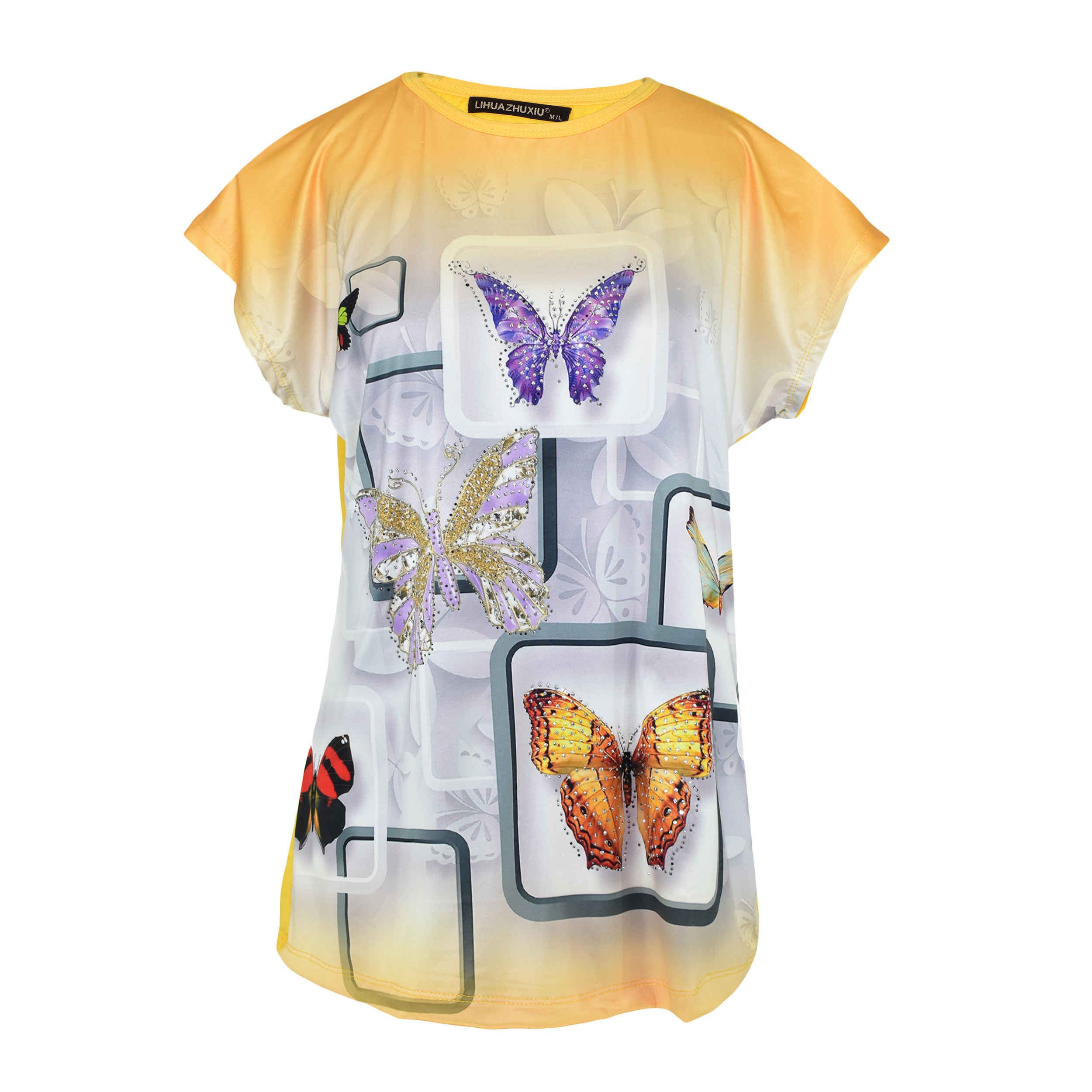 Main image of 女款短袖棉质衬衫，蝴蝶图案