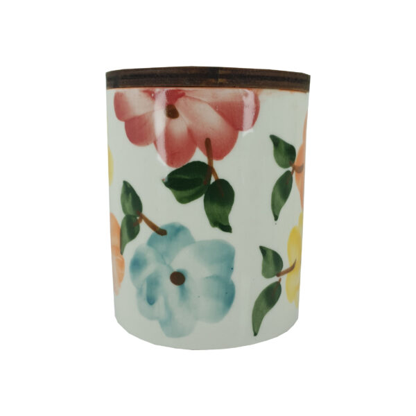 带木盖花卉设计陶瓷储物罐