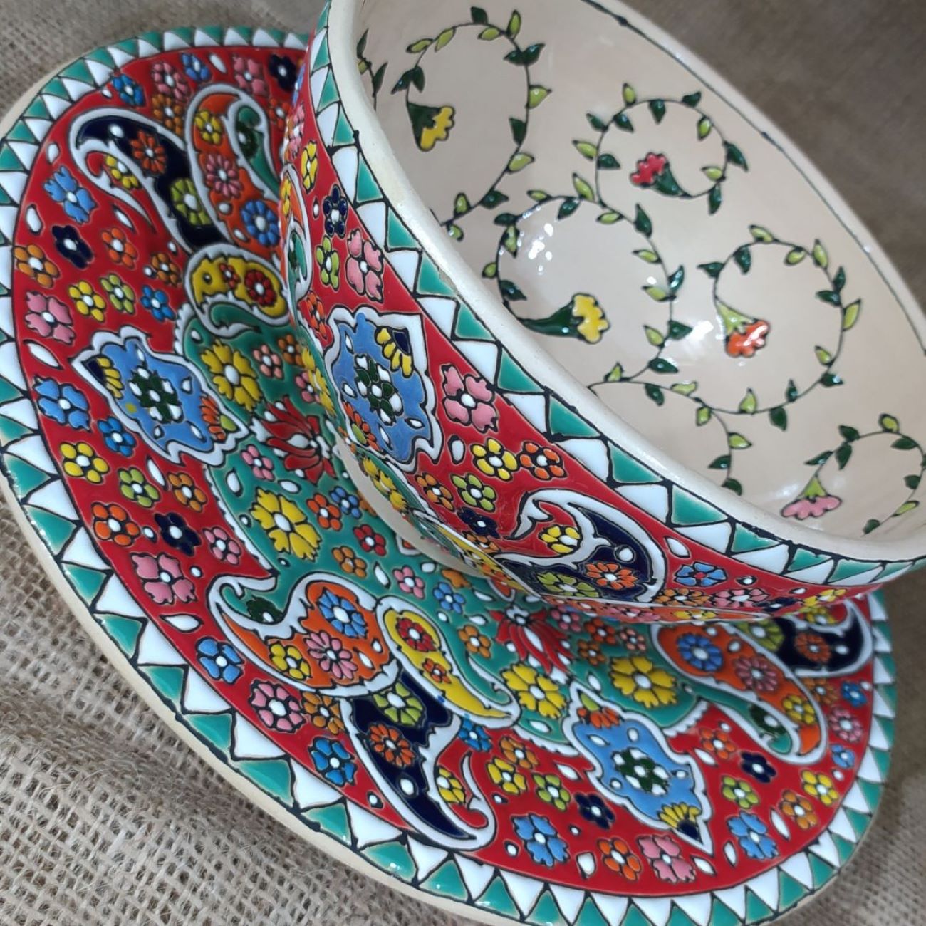 波斯装饰珐琅陶瓷碗与托盘套装 – 手工珐琅 Mona 款