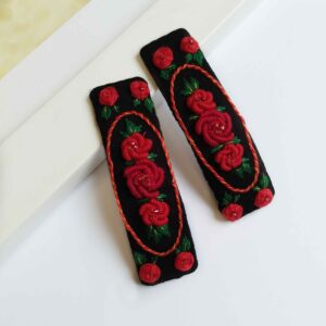 刺绣花卉按扣发夹套装 – 2 件，手工玫瑰款