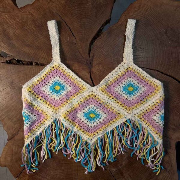 女款手工编织钩针短款上衣，钻石款