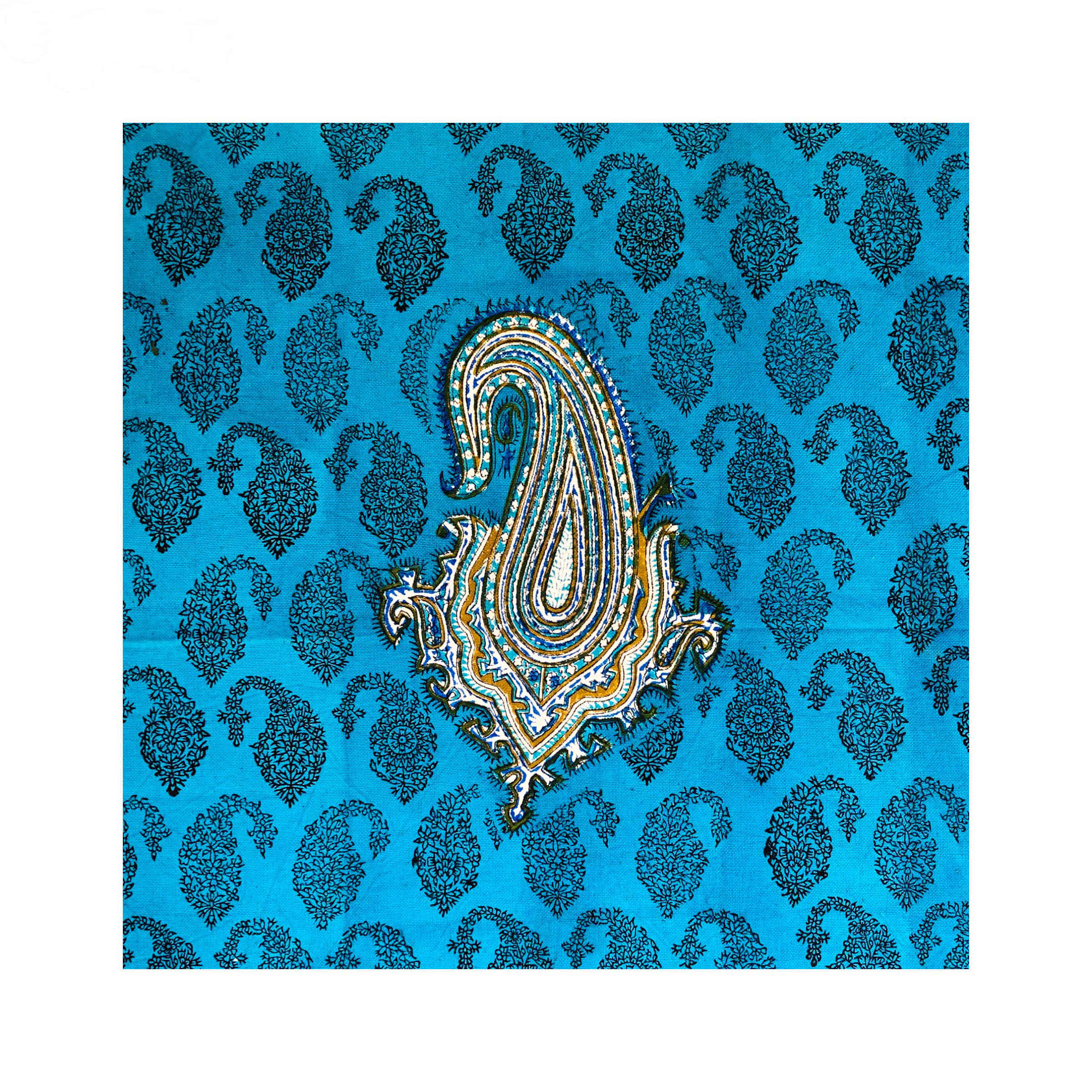伊朗桌布 – 手工印花 Ghalamkari，伊斯法罕，佩斯利蓝色，四人座