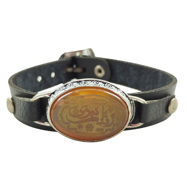 伊斯兰手链 – 皮革与玛瑙石，可调节，带 Ya Zainab E Kubra 书法