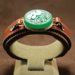 伊斯兰皮革手链 – 玛瑙石镶银框，Imam Hussain 书法