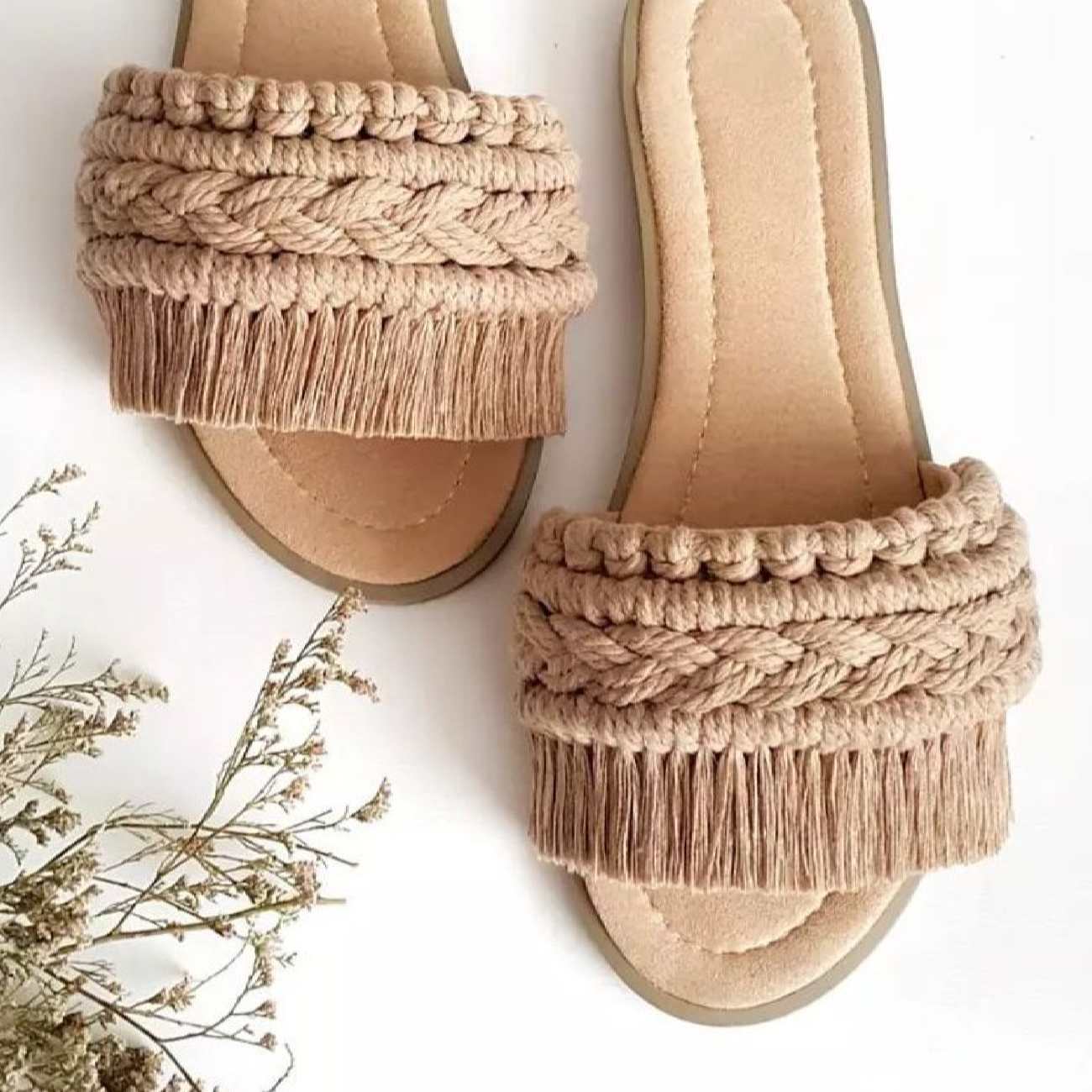 波西米亚风格编织平底拖鞋,女士款,Ella款