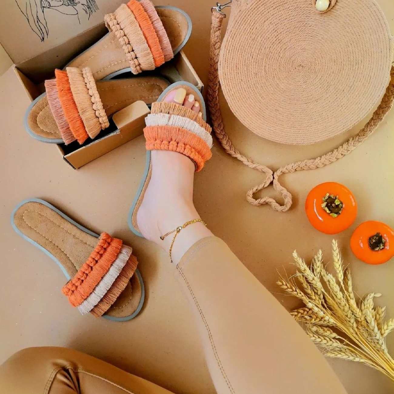 波西米亚风格编织平底拖鞋，女士款，Fall款