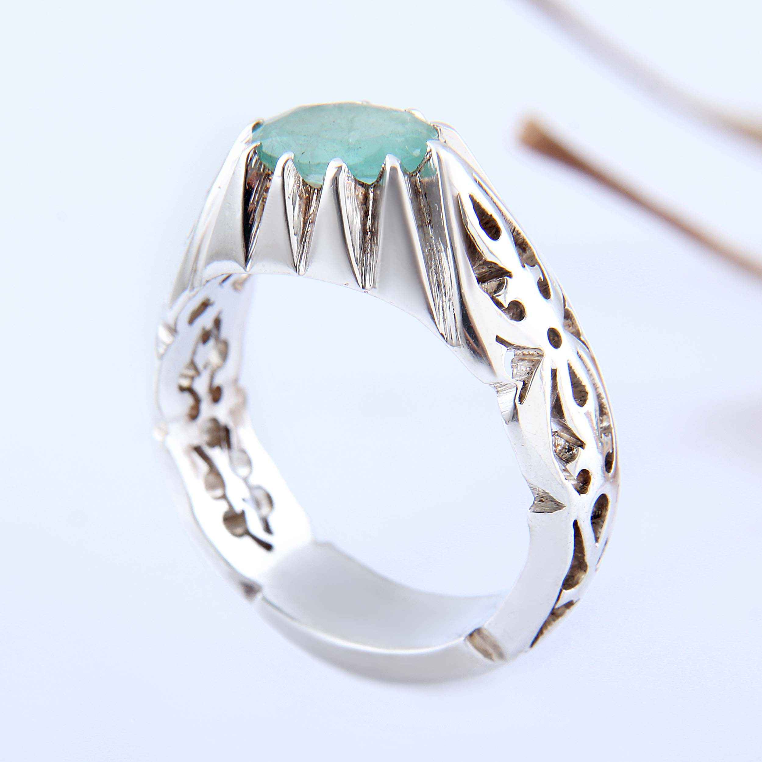 波斯绿翡翠银戒指，男士手工制作，Ellipse款