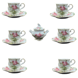 维多利亚瓷器茶具套装 – 花卉图案，含茶壶与茶托