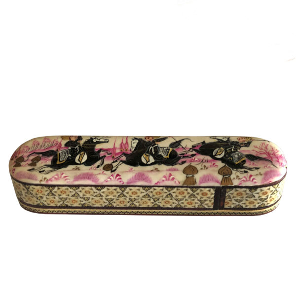 波斯手工木质 Khatamkari 笔盒 – 马主题设计