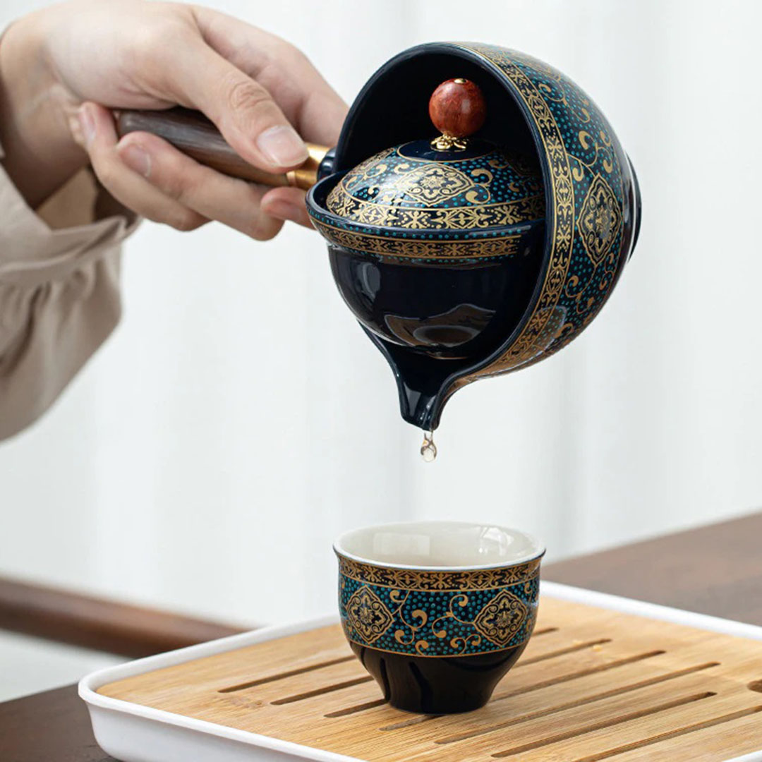 日式瓷器茶具套装 – 360°旋转茶壶设计