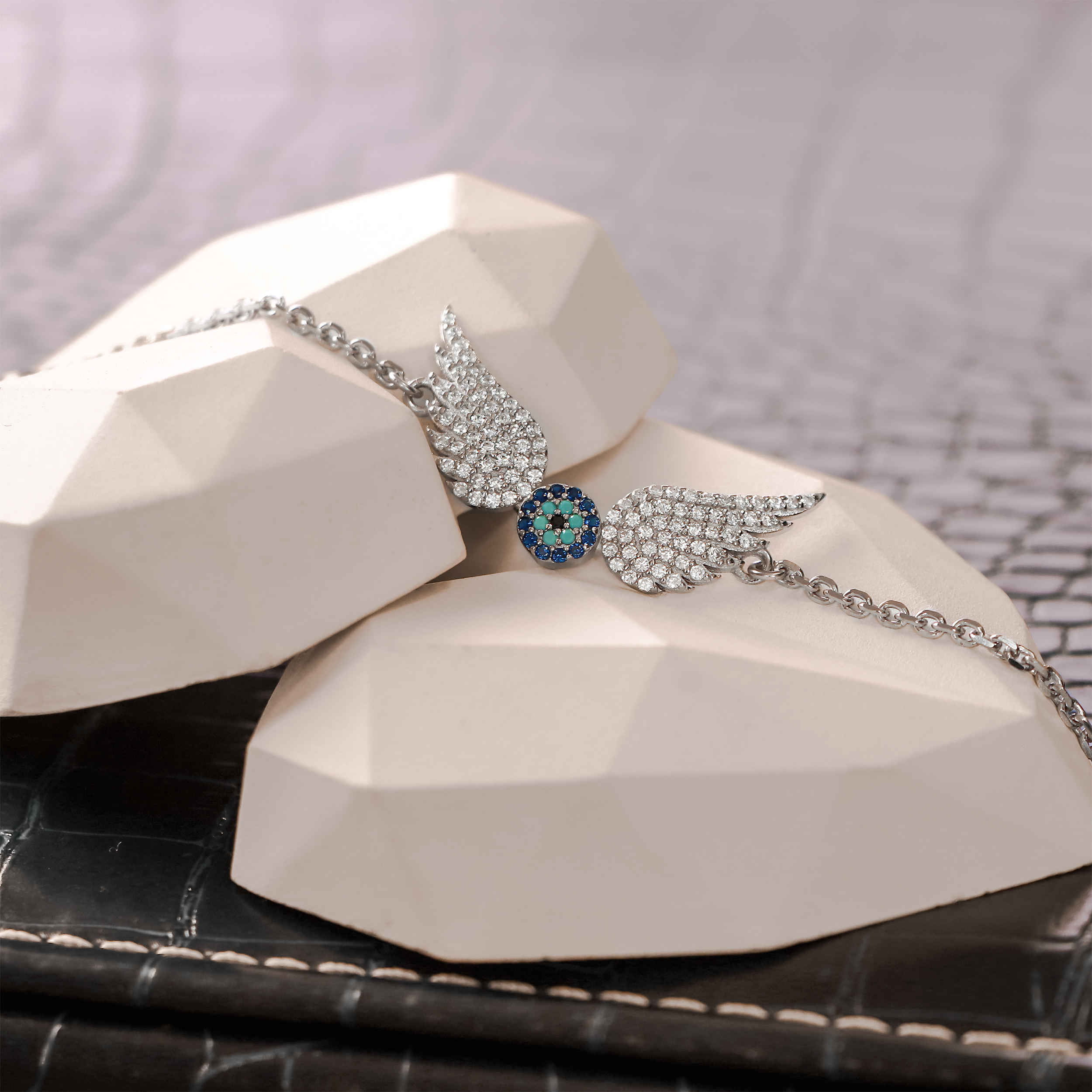 女士银手链 – 邪眼设计，Angel 款