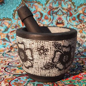 石质杵臼套装 – 花卉图案精美手工制作