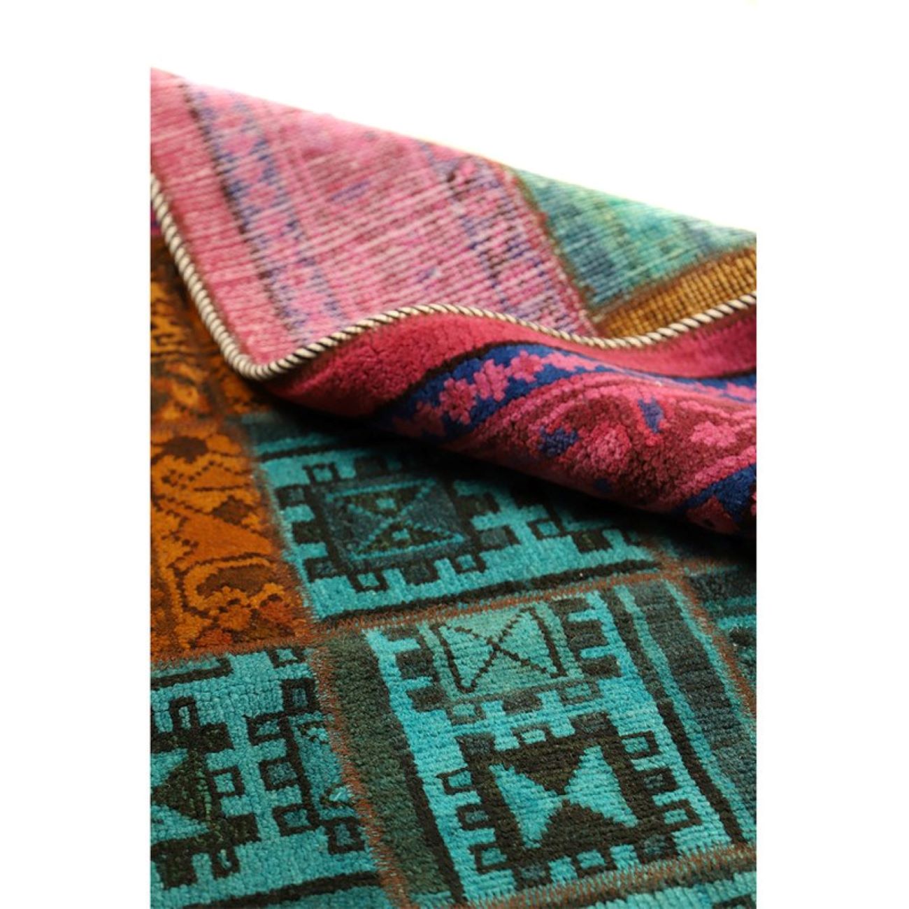 复古波斯手工打结拼布地毯 粉色