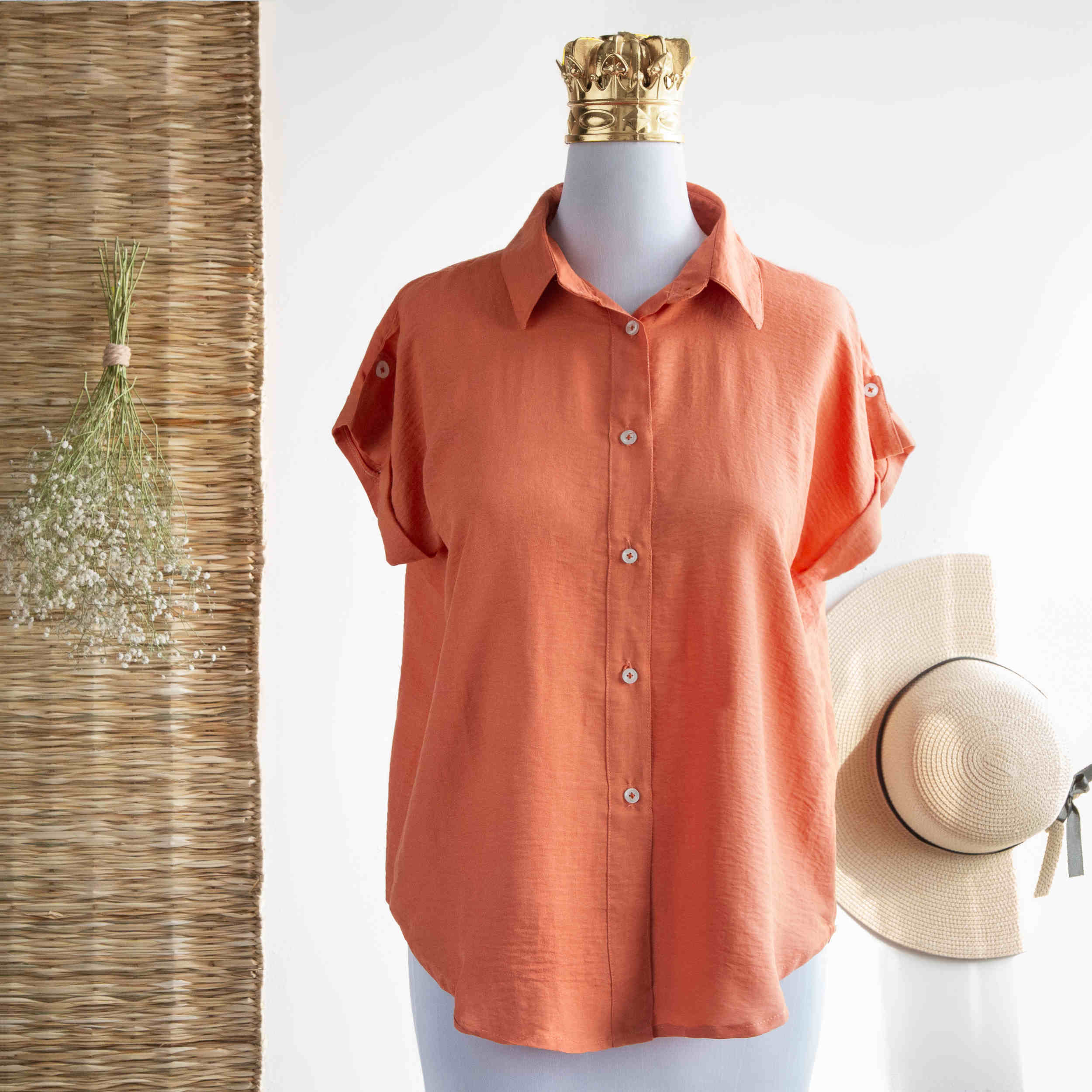 女款短袖棉质常规版衬衫,橙色