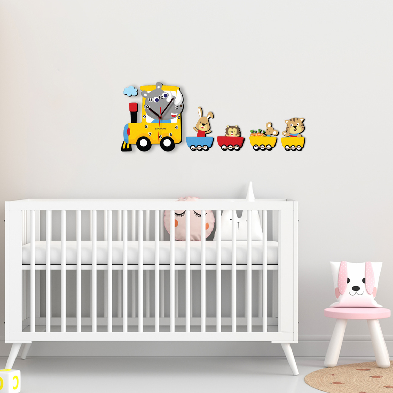 木质儿童挂钟 – 动物小火车图案，儿童房饰品