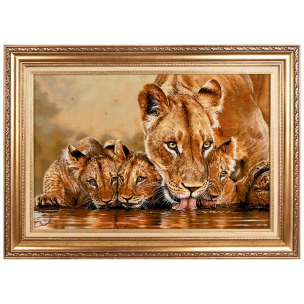 手工打结波斯地毯（大不里士） – 狮子家庭饮水图案