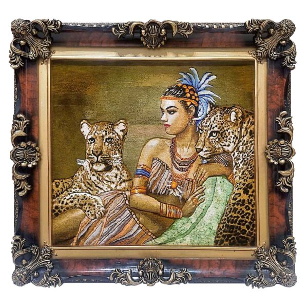 手工打结波斯丝绸地毯（大不里士） – 埃及女子与老虎图案