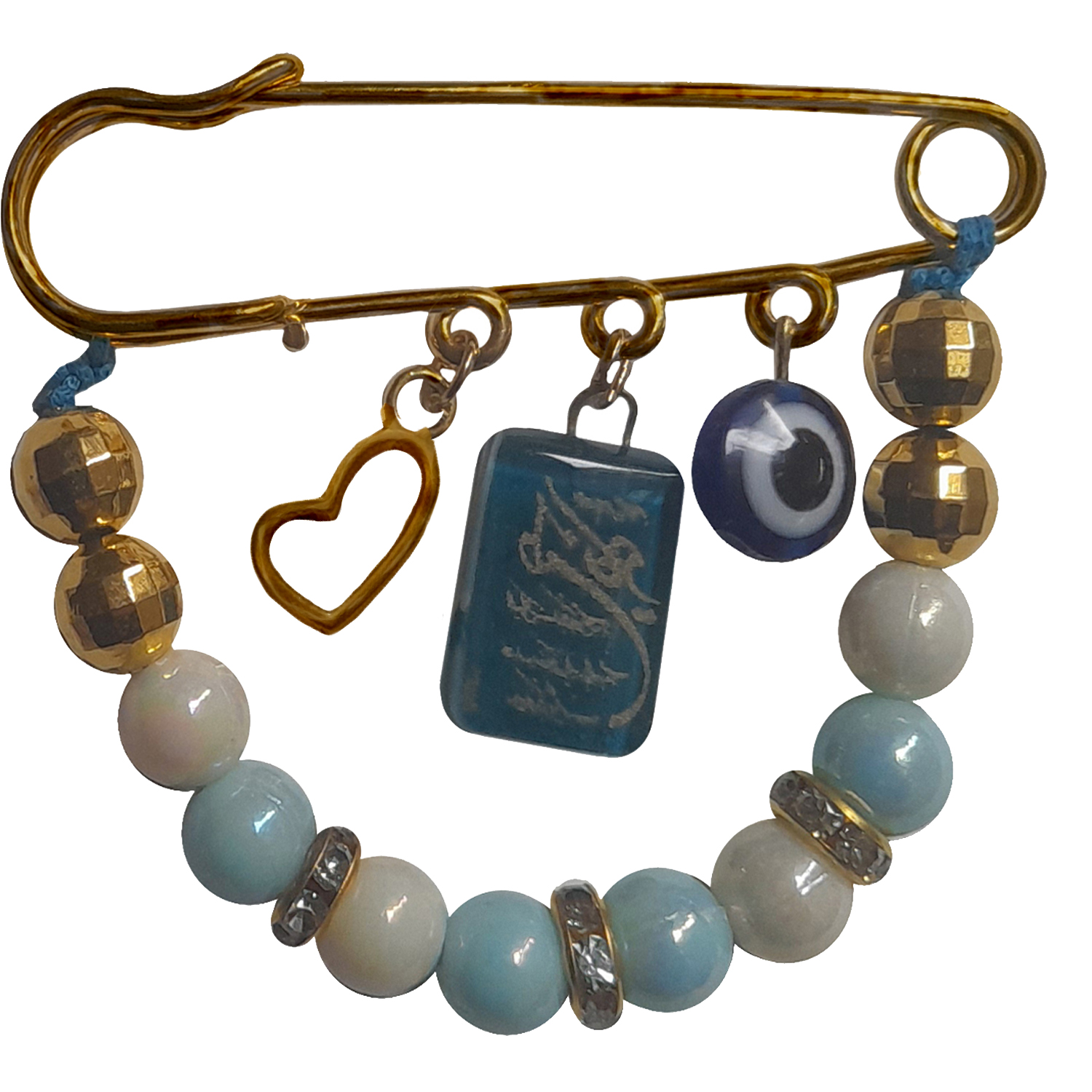 Main image of 伊斯兰针形胸针 – 珠饰款，护佑新生儿，心形与邪眼设计