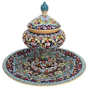 波斯脚座糖碗 – 珐琅（Minakari）配托盘，花卉图案