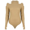 女士米色长袖带拇指孔连体衣