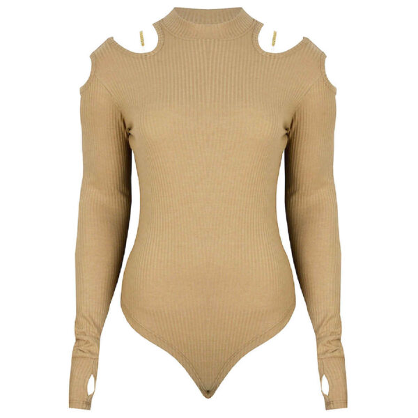 女士米色长袖带拇指孔连体衣