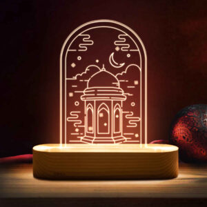 伊斯兰3D LED夜灯 – 圣陵水景喷泉，带木质底座