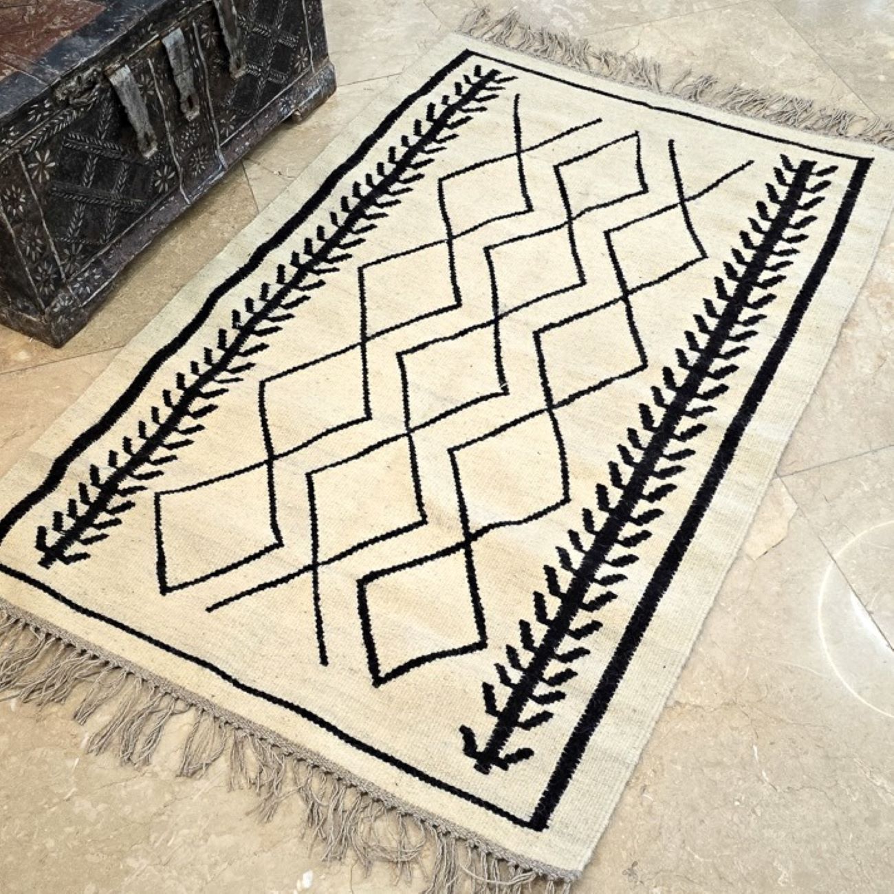 波斯阿尔达比尔羊毛基利姆地毯 原创手工编织 白色