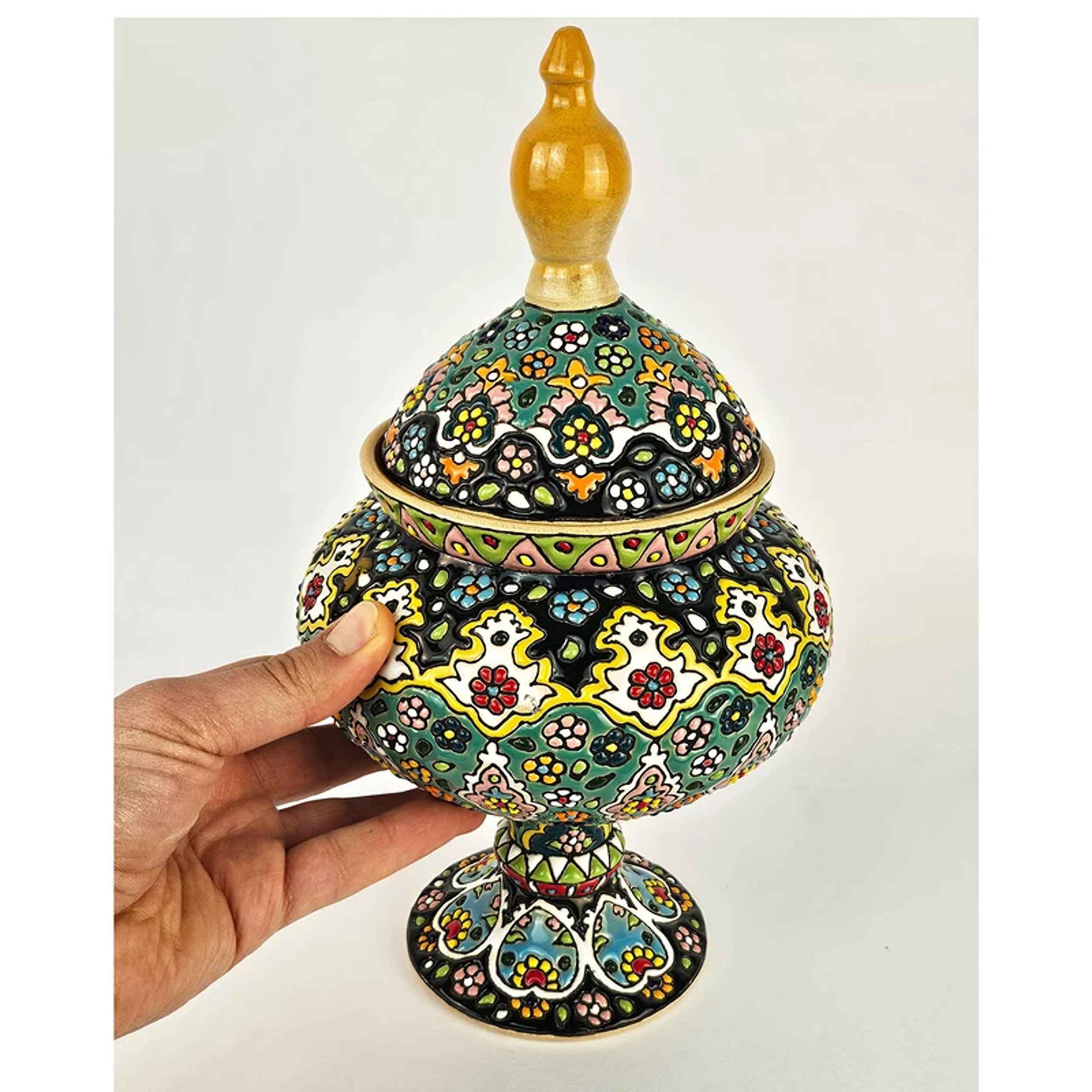 手工波斯陶瓷带盖糖碗 – 珐琅（Minakari）