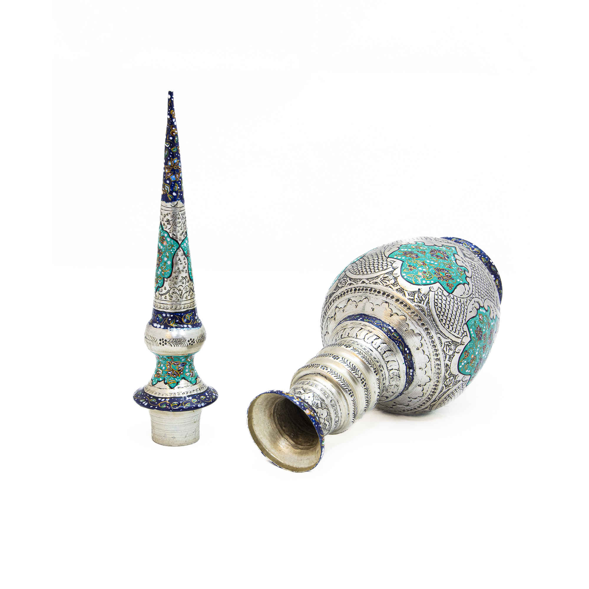 波斯装饰铜瓶 – 银镀层与灯光设计（2件装）