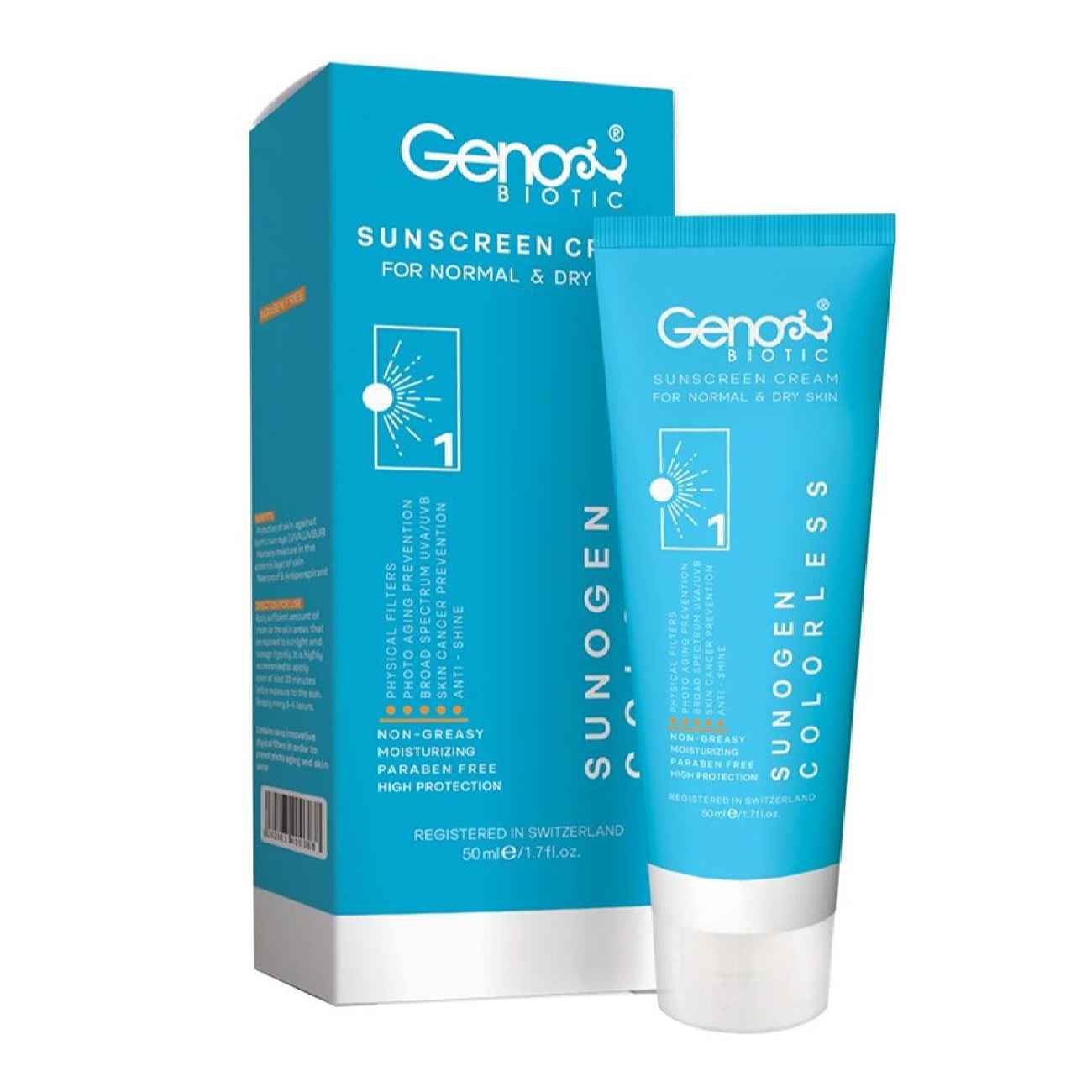 干性及中性肤质防晒霜 – 无色,Geno Biotic SPF50,50毫升(2支装)