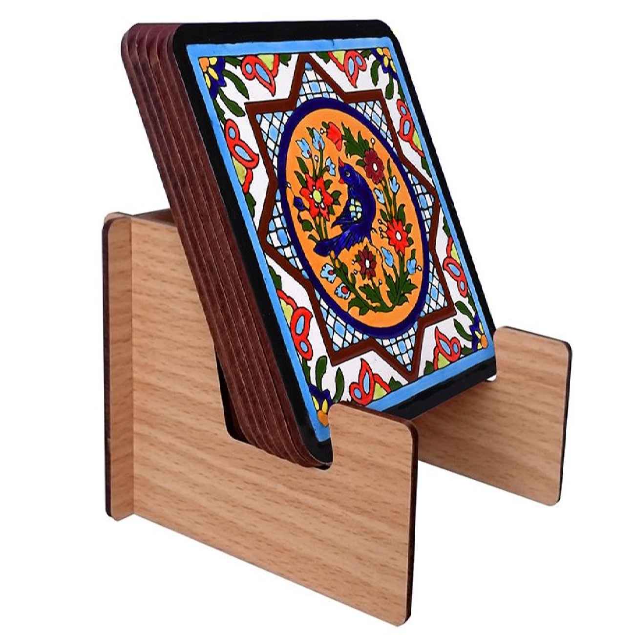 艺术杯垫套装 – 瓷砖款鸟与花卉设计 (6件装)