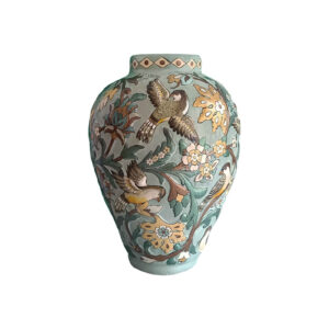 手工波斯陶瓷花瓶 – 浮雕花卉与鸟图案