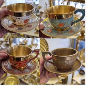 波斯黄铜茶杯茶托套装 – 锡镶彩设计（Minakari）（6件）