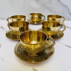 波斯高品质黄铜茶杯茶托套装 – 孔雀设计（6件）