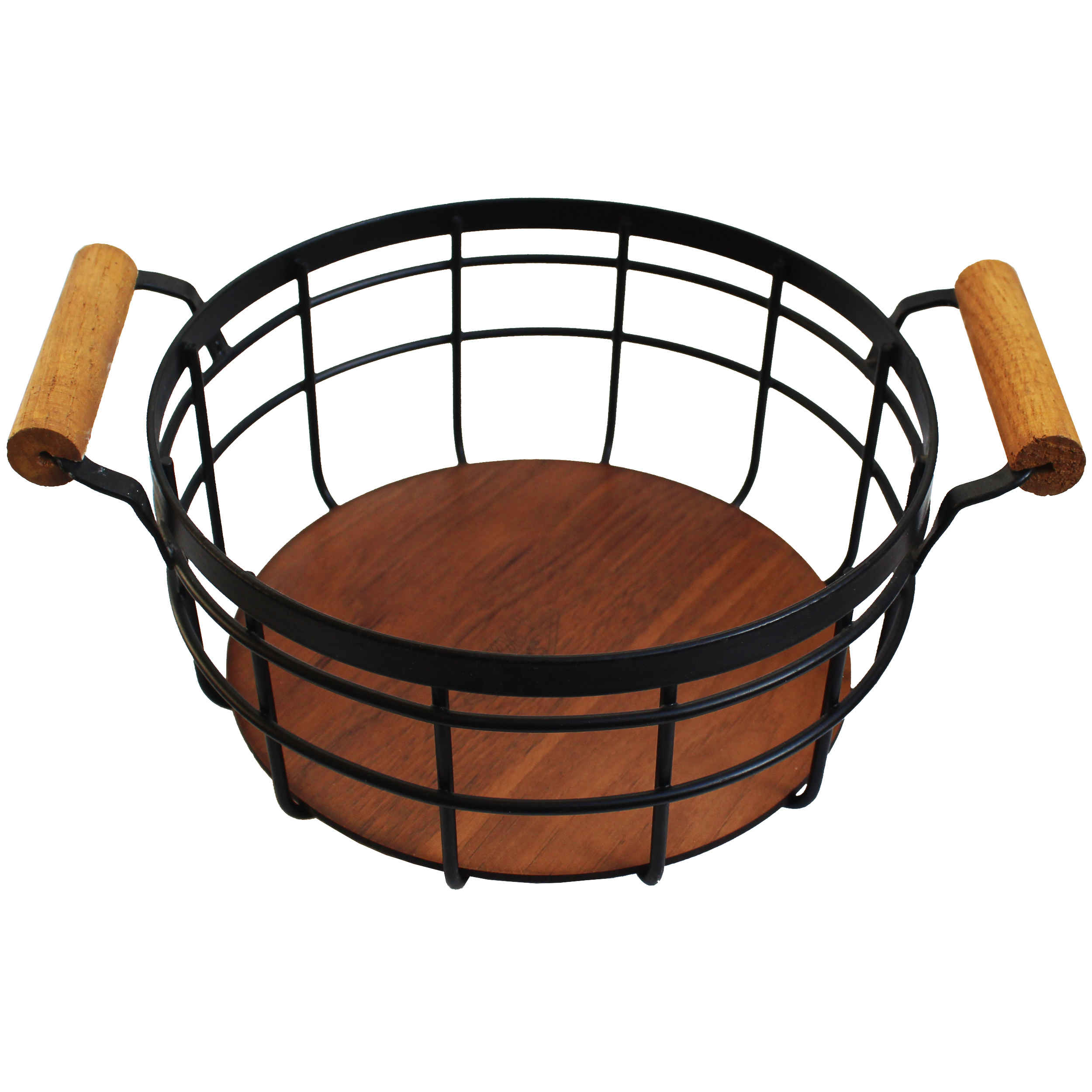 Main image of 木质底座手柄金属丝篮 – 黑色款完美用于水果