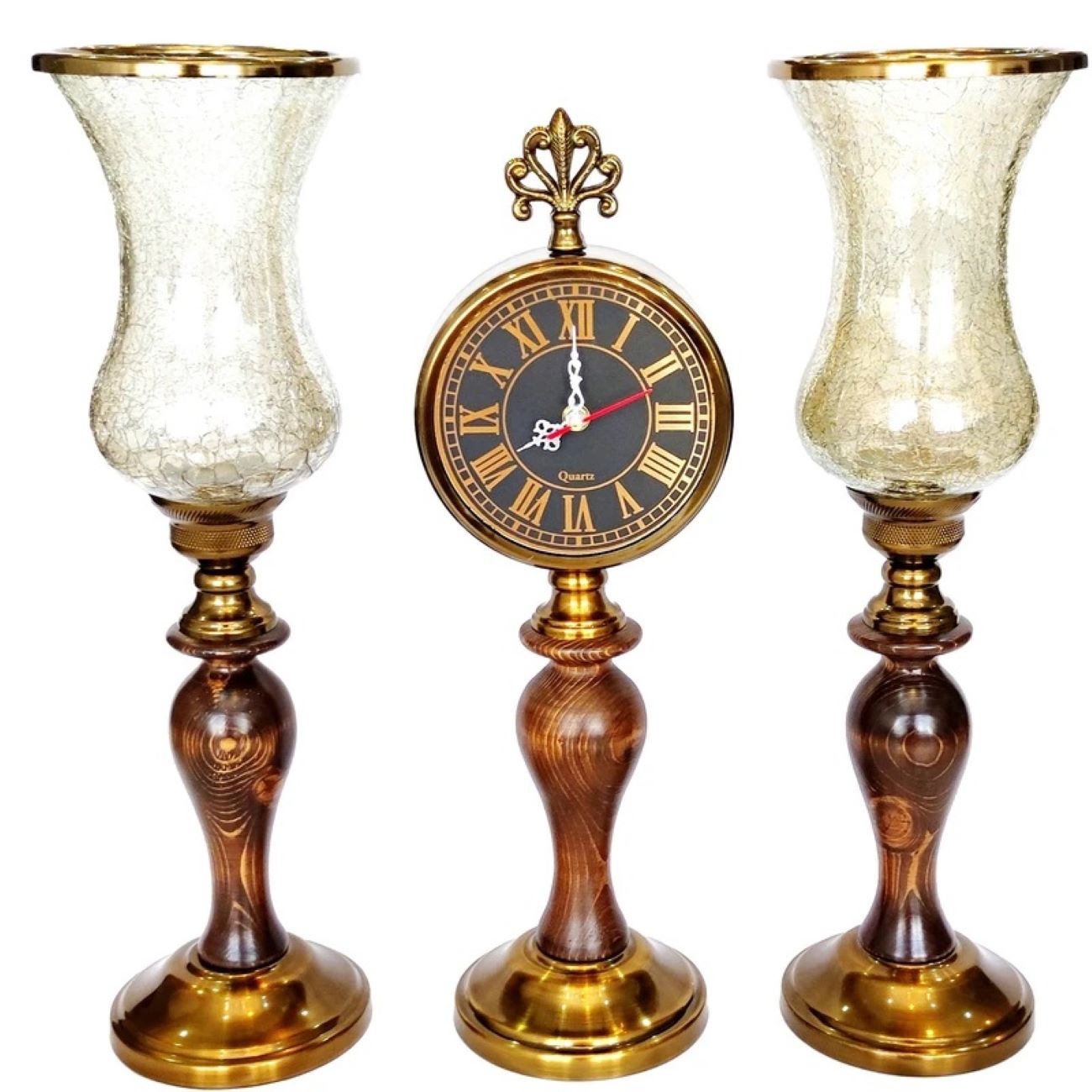 Main image of 木质设计烛台 2 件套，带桌面时钟 – 时尚家居装饰