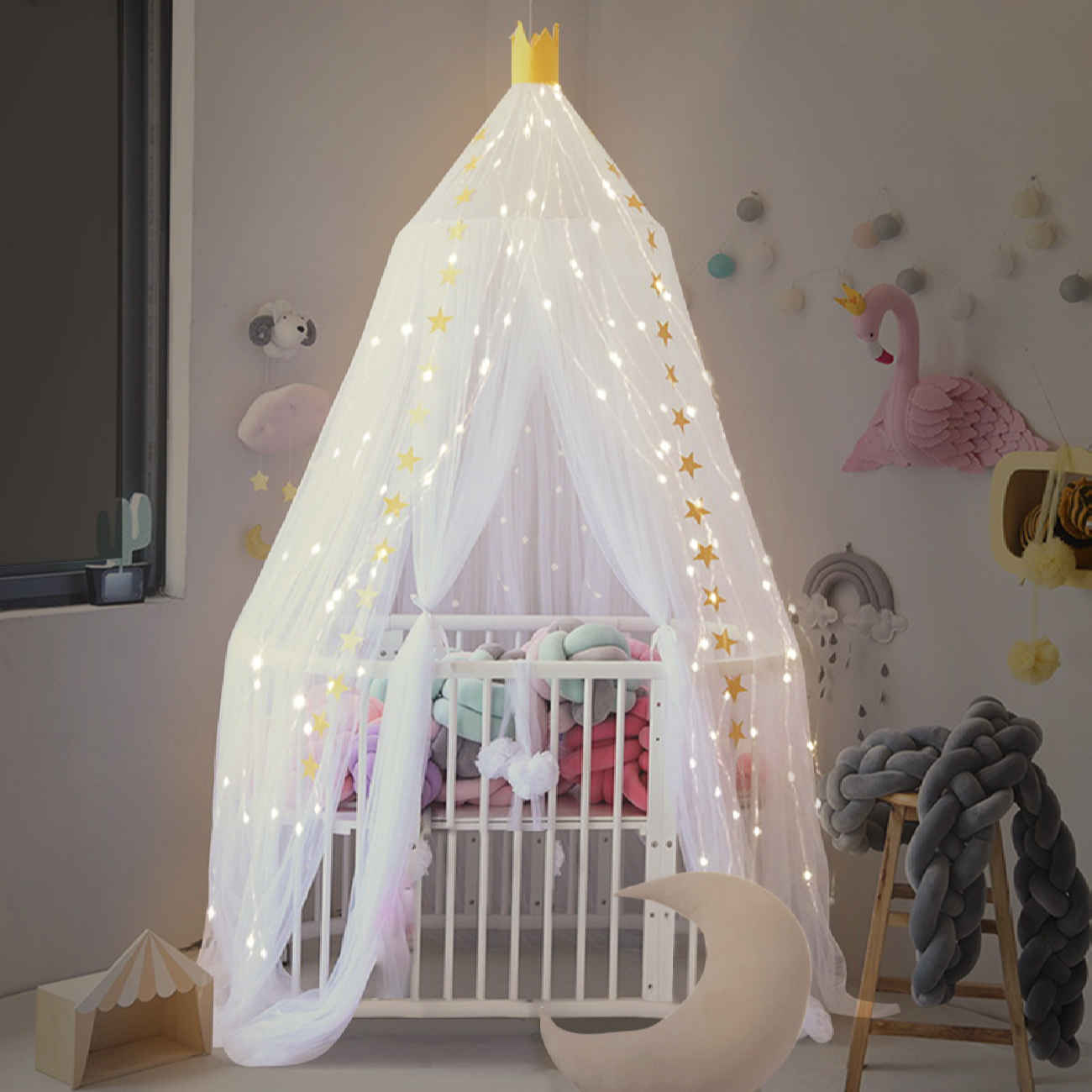 单人床圆顶蚊帐吊帘 – 室内/室外防尘适用