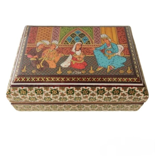 木制波斯礼品盒——手工镶嵌艺术（Khatam Kari），歌手与舞者设计
