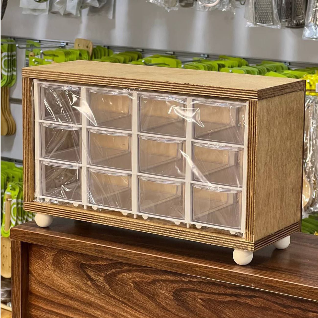 12抽木质香料架 – 带塑料容器与时尚木质底座