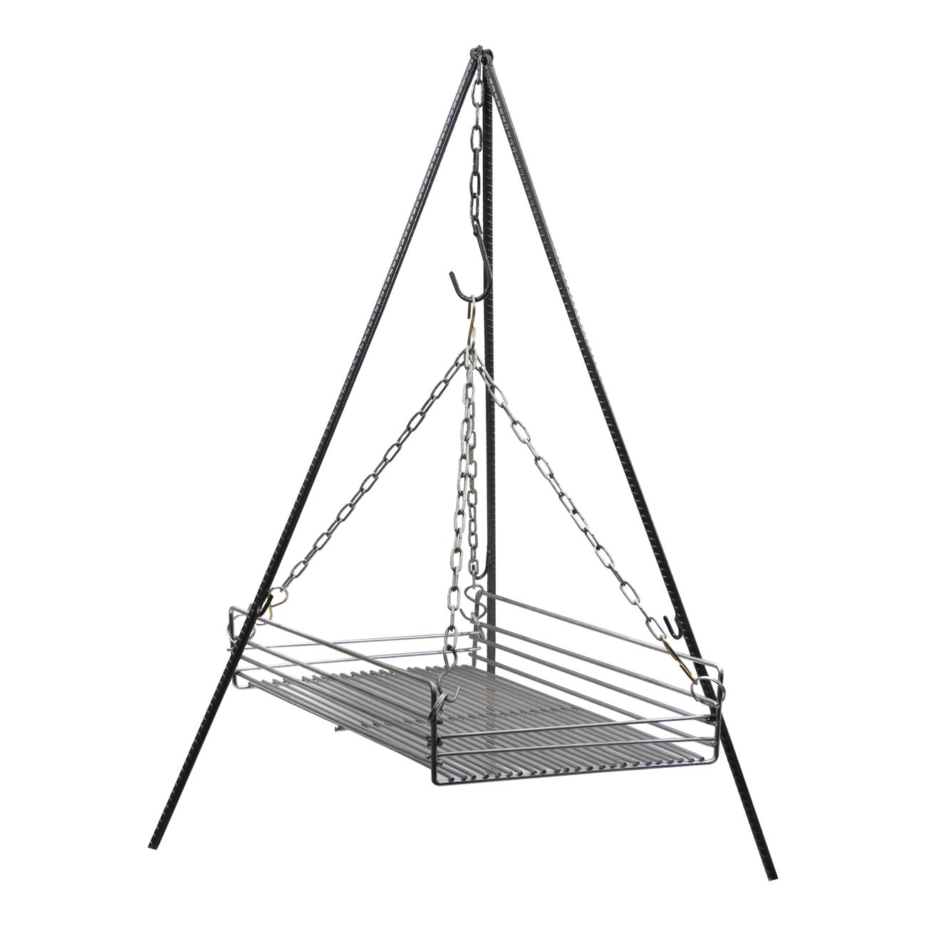 大锅篝火烹饪套装 – 带三脚架、烤架、平底锅和水壶,完整四件套户外烹饪装备