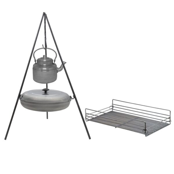 大锅篝火烹饪套装 – 带三脚架、烤架、平底锅和水壶，完整四件套户外烹饪装备
