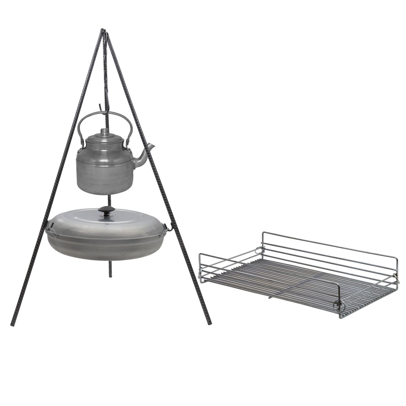 Main image of 大锅篝火烹饪套装 – 带三脚架、烤架、平底锅和水壶，完整四件套户外烹饪装备