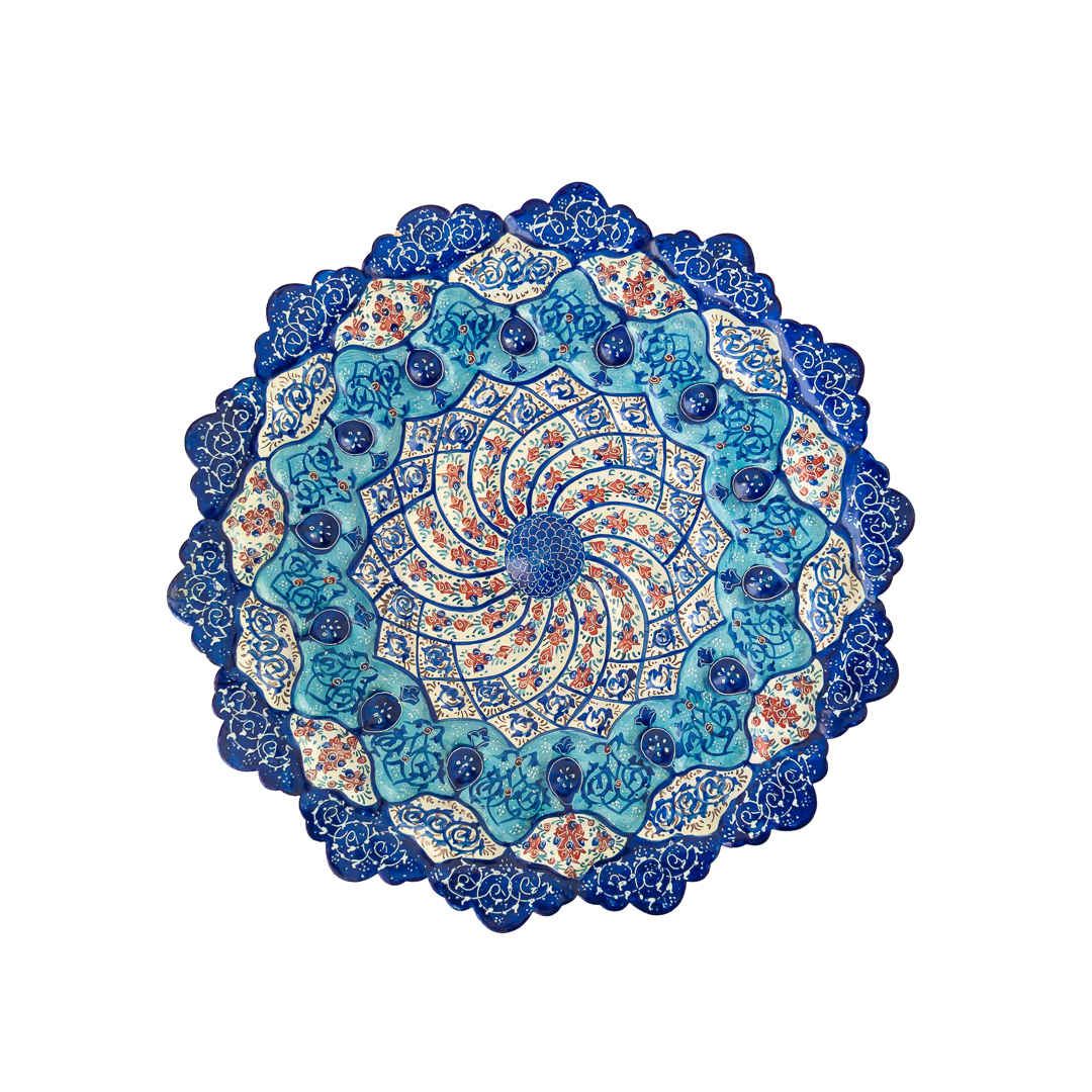 波斯珐琅装饰铜盘 – 手工绘制精致蓝色花卉