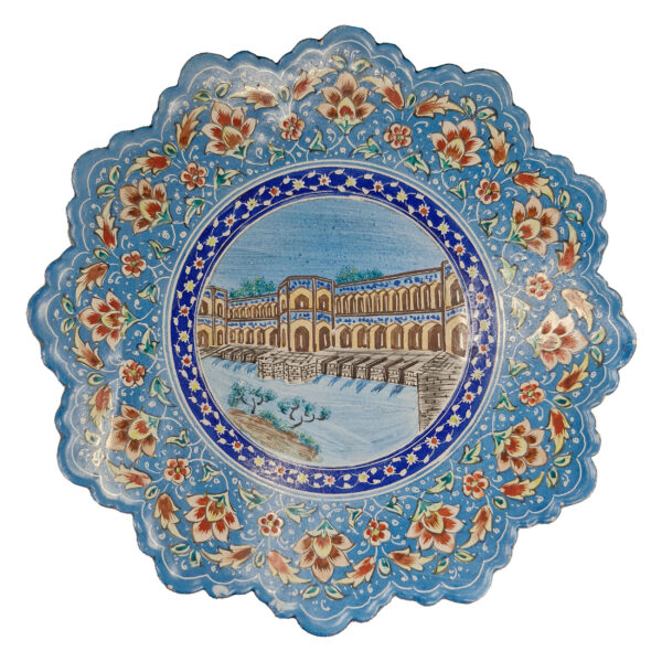 波斯珐琅装饰铜盘 – 手工绘制精致蓝色花卉设计