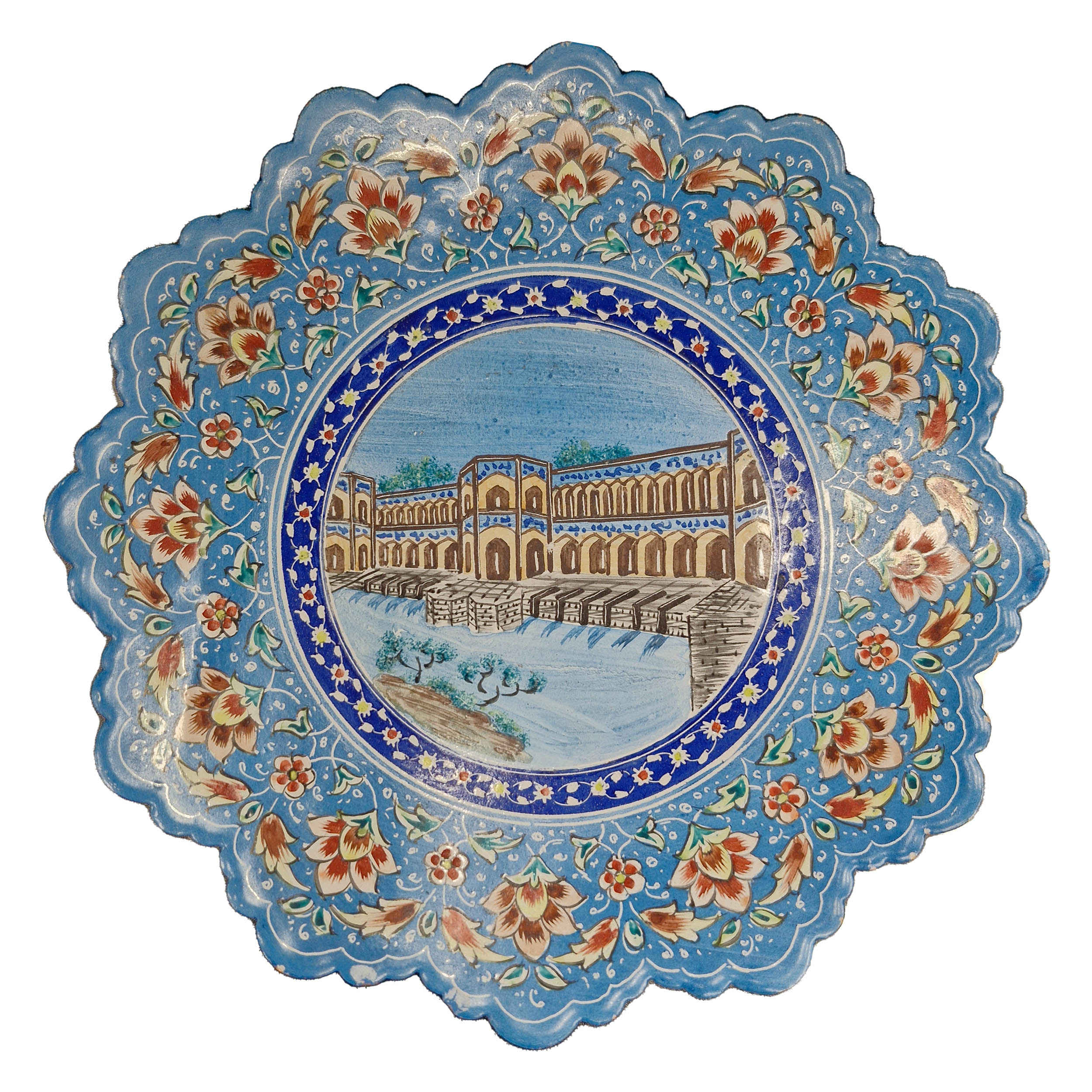 Main image of 波斯珐琅装饰铜盘 – 手工绘制精致蓝色花卉设计